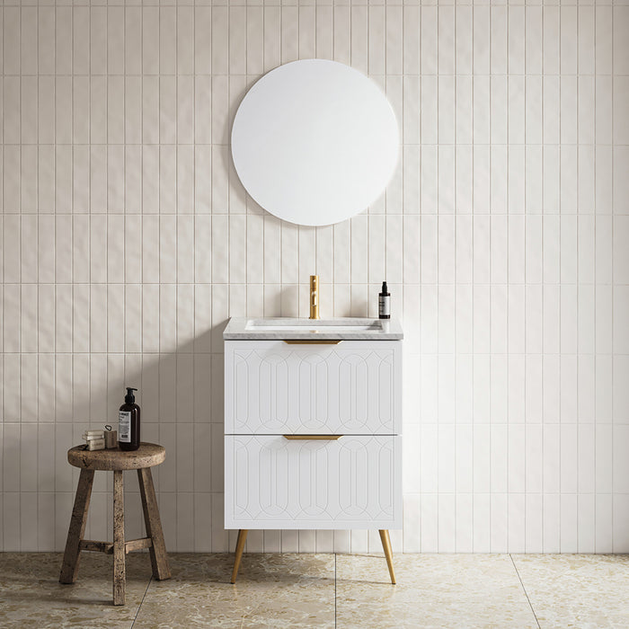 Elenora 2 Drawers Bathroom Vanity with Solid Surface Carrara Single Sink - Wall Mount - 24" Wood/Satin White/Gold