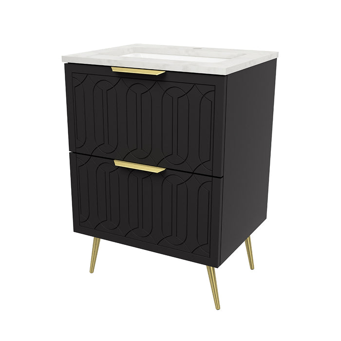 Elenora 2 Drawers Bathroom Vanity with Solid Surface Carrara Single Sink - Free Standing - 24" Wood/Satin Black/Gold