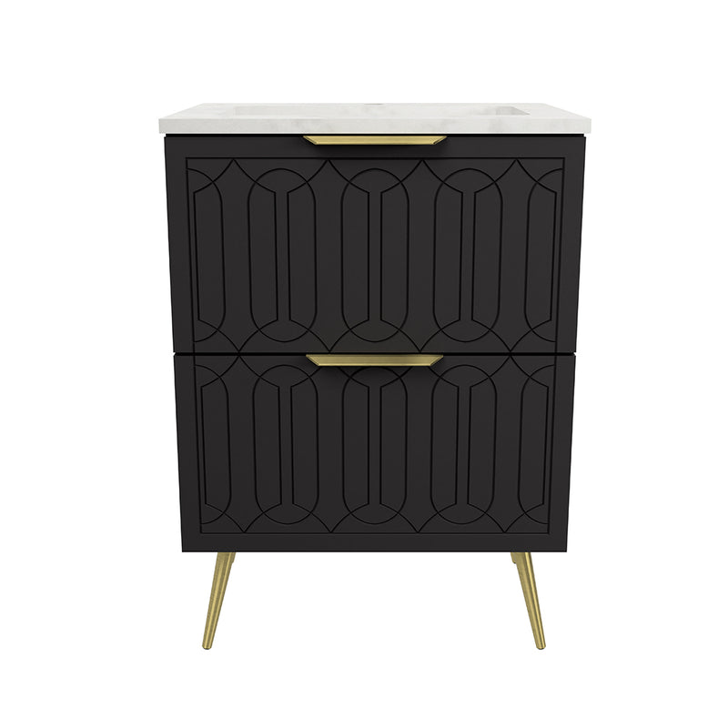 Elenora 2 Drawers Bathroom Vanity with Solid Surface Carrara Single Sink - Free Standing - 24" Wood/Satin Black/Gold