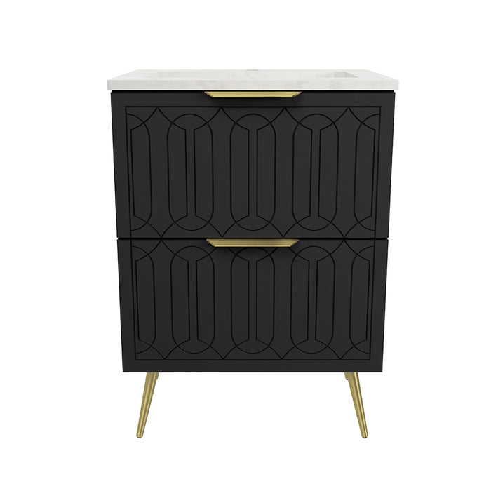 Elenora 2 Drawers Bathroom Vanity with Solid Surface Carrara Single Sink - Free Standing - 24" Wood/Satin Black/Gold