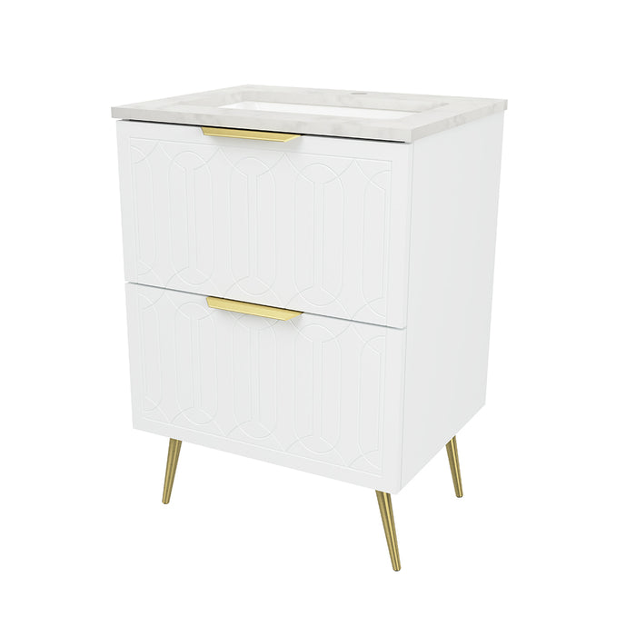 Elenora 2 Drawers Bathroom Vanity with Solid Surface Carrara Single Sink - Free Standing - 24" Wood/Satin White/Gold