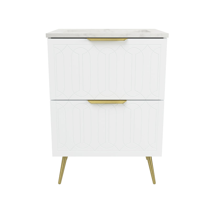 Elenora 2 Drawers Bathroom Vanity with Solid Surface Carrara Single Sink - Free Standing - 24" Wood/Satin White/Gold