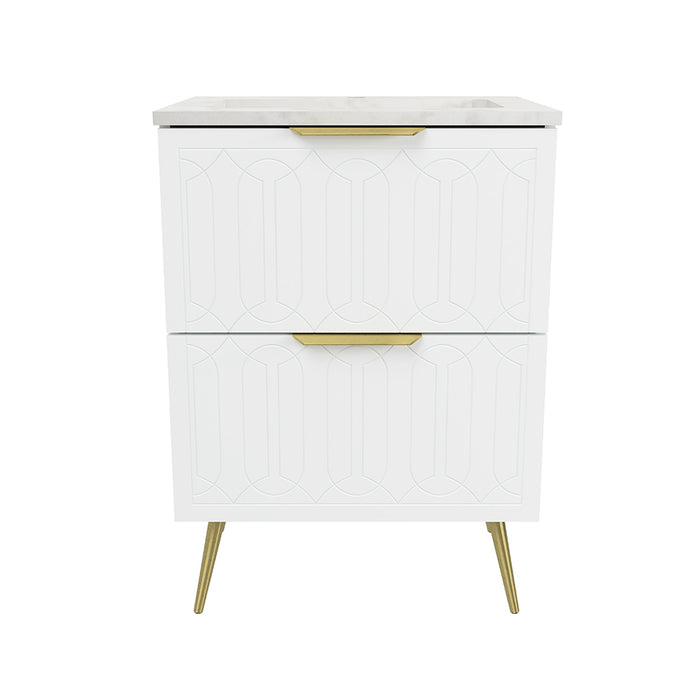 Elenora 2 Drawers Bathroom Vanity with Solid Surface Carrara Single Sink - Free Standing - 24" Wood/Satin White/Gold