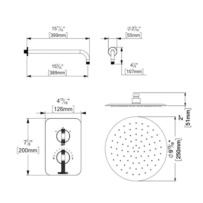 Bellacio-C 2-Way Thermostatic Trim Complete Shower Set - Wall Mount - 10" Brass/Brushed Nickel/Matte Black