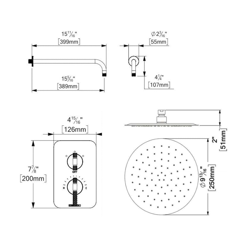 Bellacio-C 2-Way Thermostatic Trim Complete Shower Set - Wall Mount - 10" Brass/Brushed Gold/Matt Black