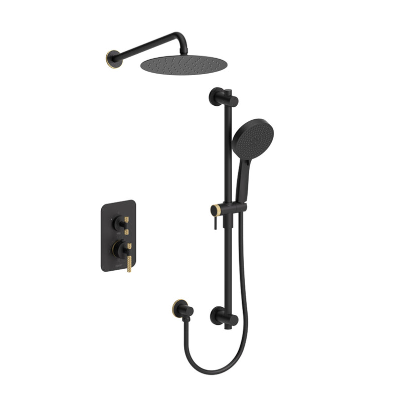 Bellacio-C 2-Way Thermostatic Trim Complete Shower Set - Wall Mount - 10" Brass/Matte Black/Brushed Gold