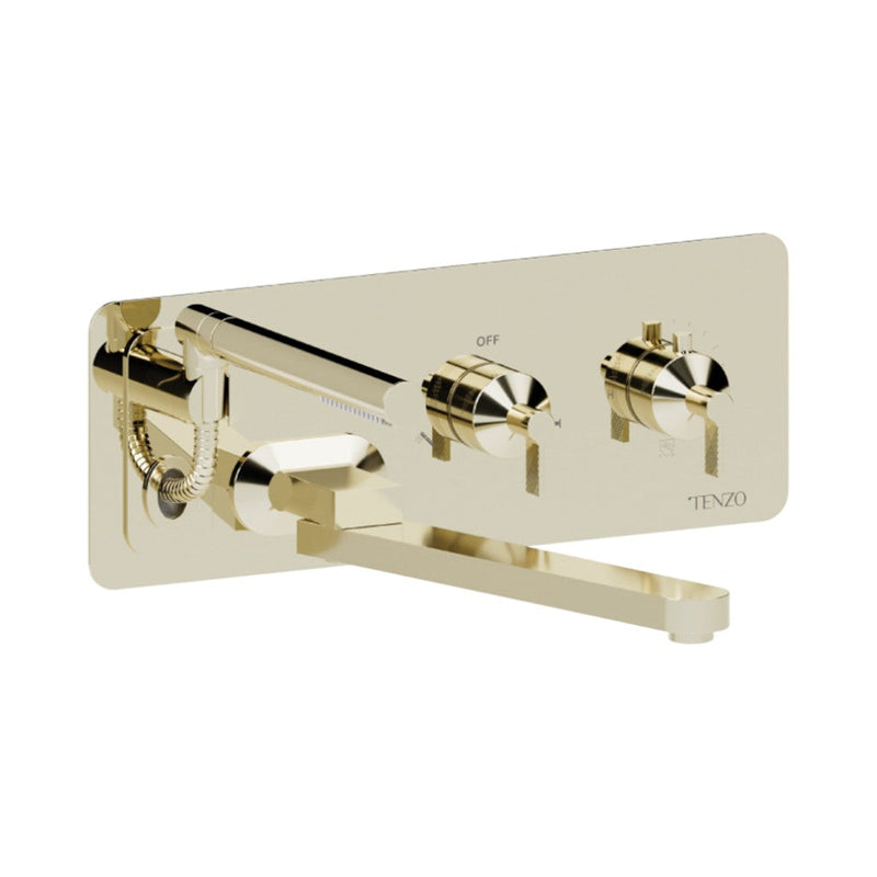 Paloma Retractable Hose & 12'' Swivel Spout Complete Tub Faucet - Wall Mount - 16" Brass/Champain Gold