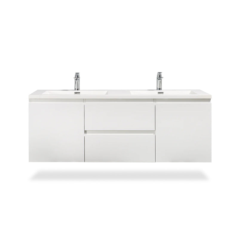 Angela 2 Doors And 2 Drawers Bathroom Vanity with Solid Surface Double Sink - Wall Mount - 60" Melanime Faced Chipboard/High Glossy White - Last Unit Special Offer