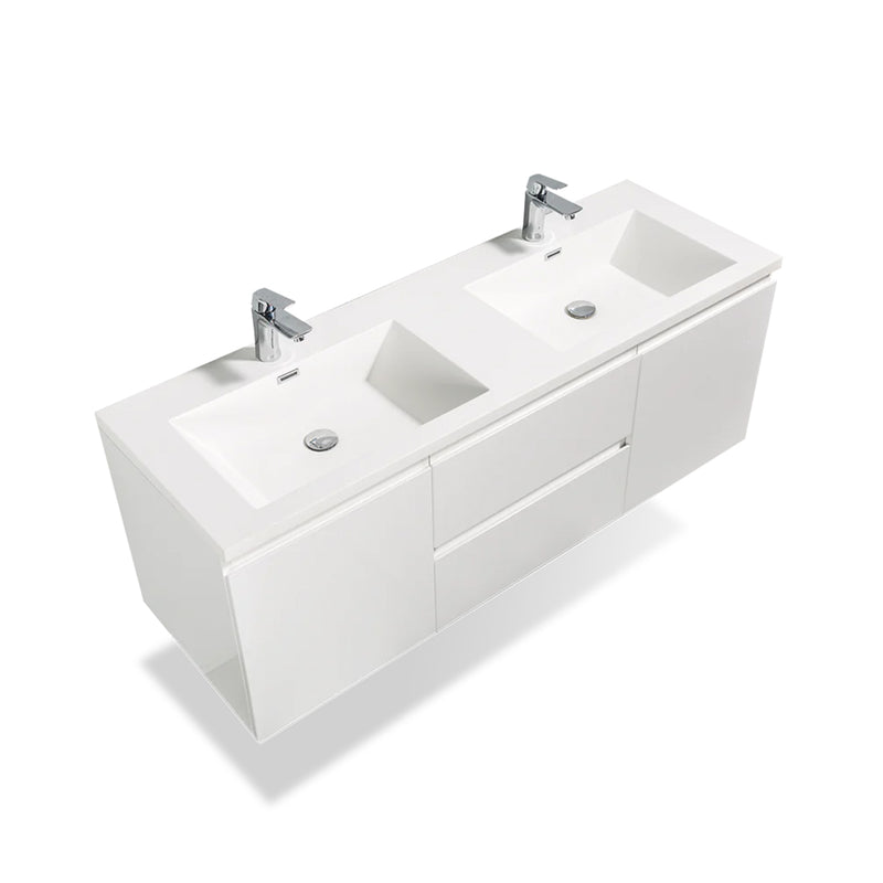 Angela 2 Doors And 2 Drawers Bathroom Vanity with Solid Surface Double Sink - Wall Mount - 60" Melanime Faced Chipboard/High Glossy White - Last Unit Special Offer