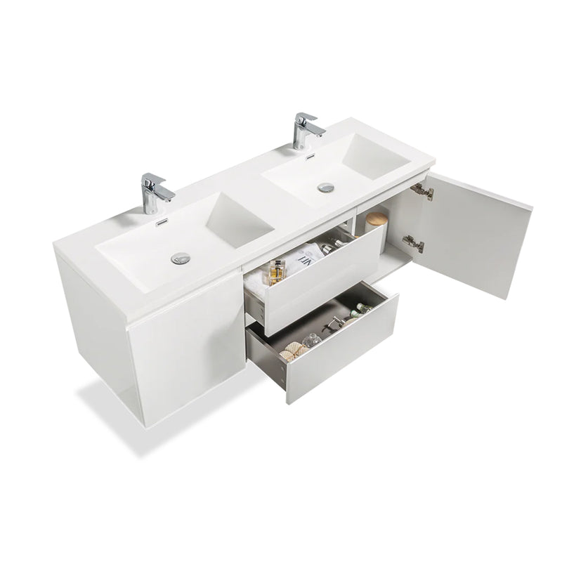 Angela 2 Doors And 2 Drawers Bathroom Vanity with Solid Surface Double Sink - Wall Mount - 60" Melanime Faced Chipboard/High Glossy White - Last Unit Special Offer
