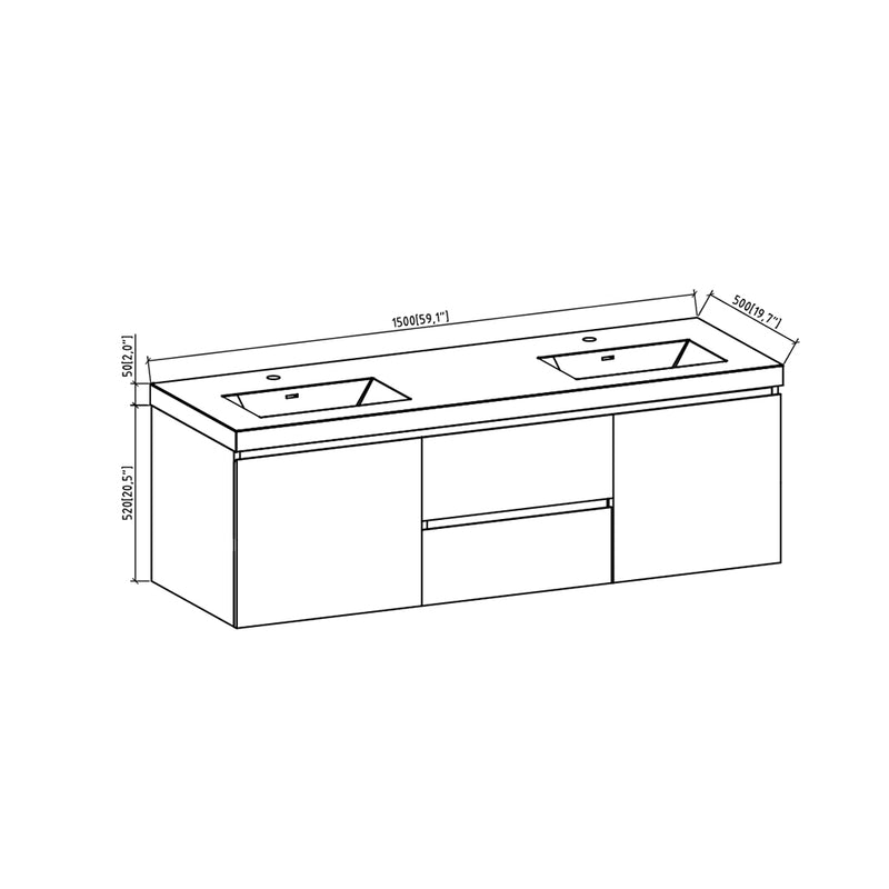 Angela 2 Doors And 2 Drawers Bathroom Vanity with Solid Surface Double Sink - Wall Mount - 60" Melanime Faced Chipboard/High Glossy White - Last Unit Special Offer
