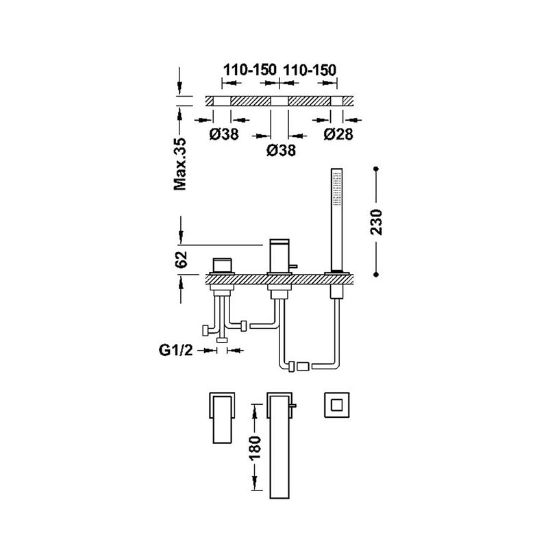 Cuadro Tub Faucet - Widespread - 8" Brass/Matt Black