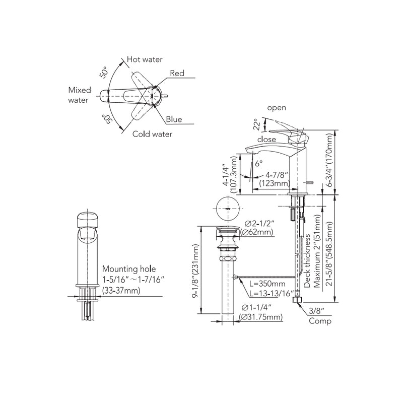 Gm Bathroom Faucet - Single Hole - 7" Brass/Polished Nickel
