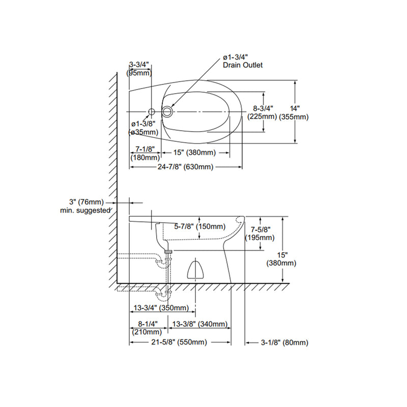 Piedmont Bidet - Floor Mount - 14" Vitreous china/Cotton