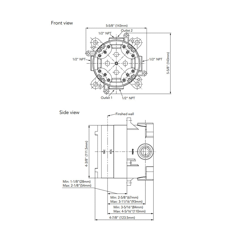 Mini Unit 2 Way Thermostatic Mixing Valve Shower Mixer - Wall Mount - 6" Brass/Polished Nickel