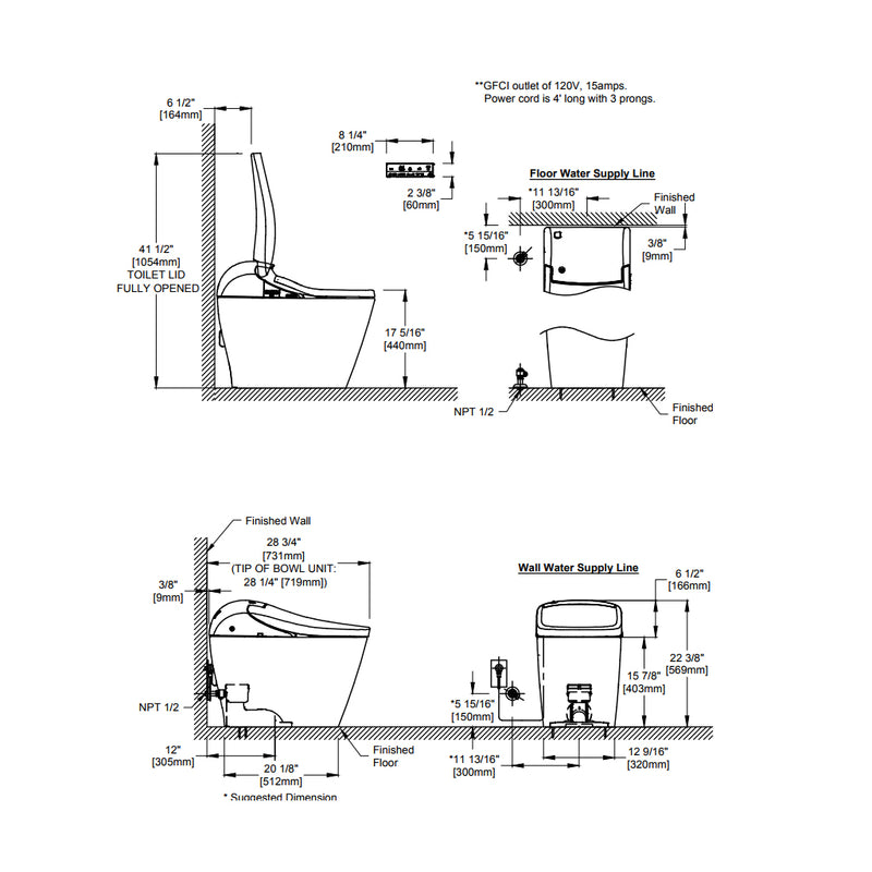 Washlet G5A Dual Flush Integrated Smart Toilets - Floor Mount - 16" Vitreous China/Cotton