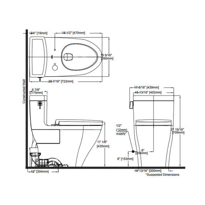 Legato Elongated Complete One Piece Toilet - Floor Mount - 16" Vitreous China/Cotton