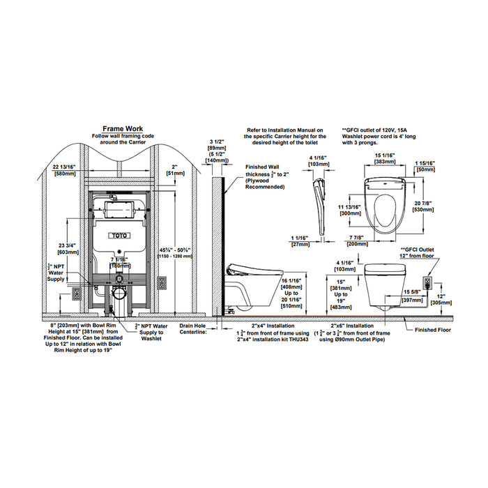 AP Washlet + S7 Complete Dual Flush One Piece Toilet with Smart Bidet Seat - Wall Mount - 15" Vitreous China/Cotton