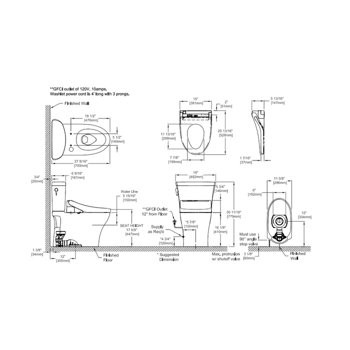 Aquia IV Arc - Washlet+ C5 Complete Dual Flush Two Piece Toilet - Floor Mount - 19" Vitreous China/Cotton