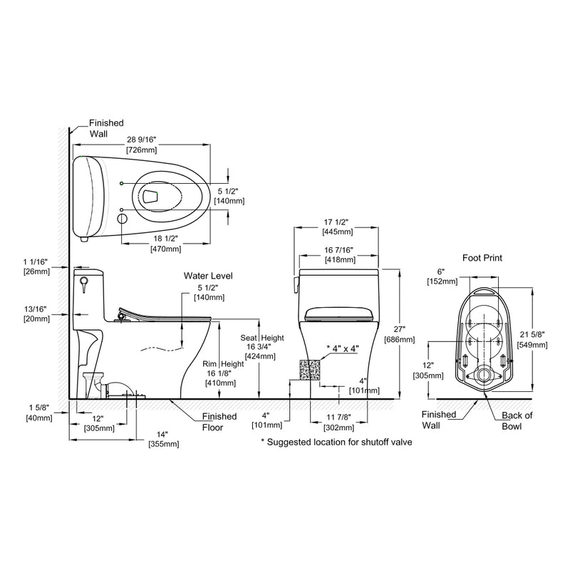 Nexus Elongated Complete One Piece Toilet - Floor Mount - 18" Vitreous China/Cotton