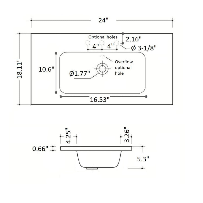 Miami 2 Drawers Bathroom Vanity with Solid Surface Sink - Wall Mount - 24" Particle Board Laminated/Pearl - Last Unit Special Offer
