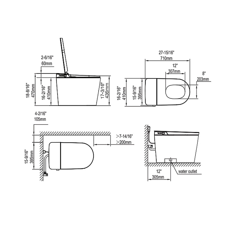 Subway Bidet Seat Tankless One Piece Toilet - Floor Mount - 16" Porcelain/White