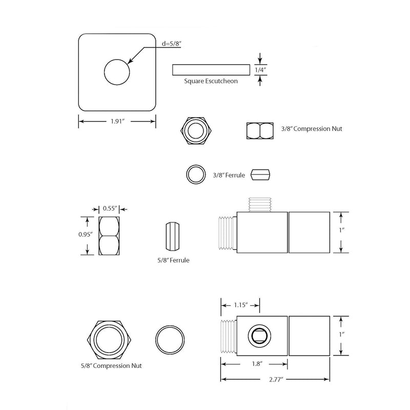 Square 1/4-Turn Angle Stop Valve - Toilet Mount - 5" Brass/Flat Black