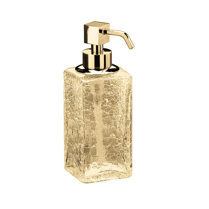 Box Cracked Crystal Soap Dispenser - Free Standing - 6" Brass/Glass/Gold