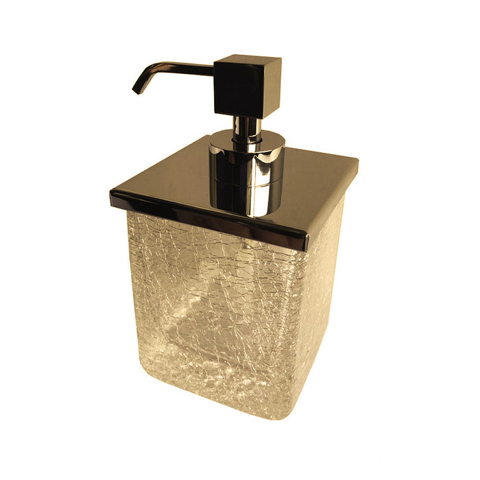 Box Cracked Crystal Soap Dispenser - Free Standing - 5" Brass/Glass/Gold