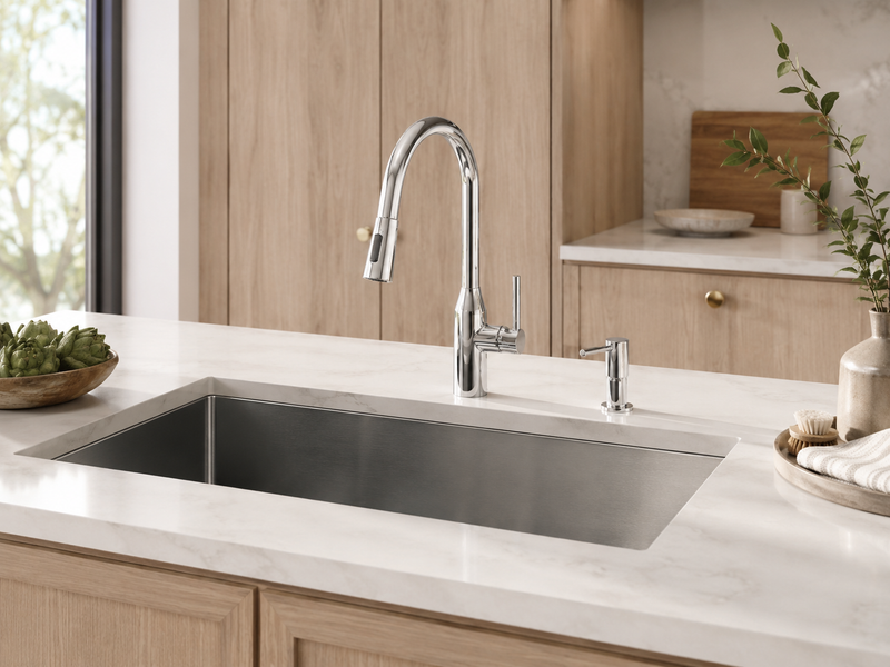 Bliss Kitchen Sink Set – 32" Undermount Sink with Pull-Out Faucet & Soap Dispenser – Polished Chrome