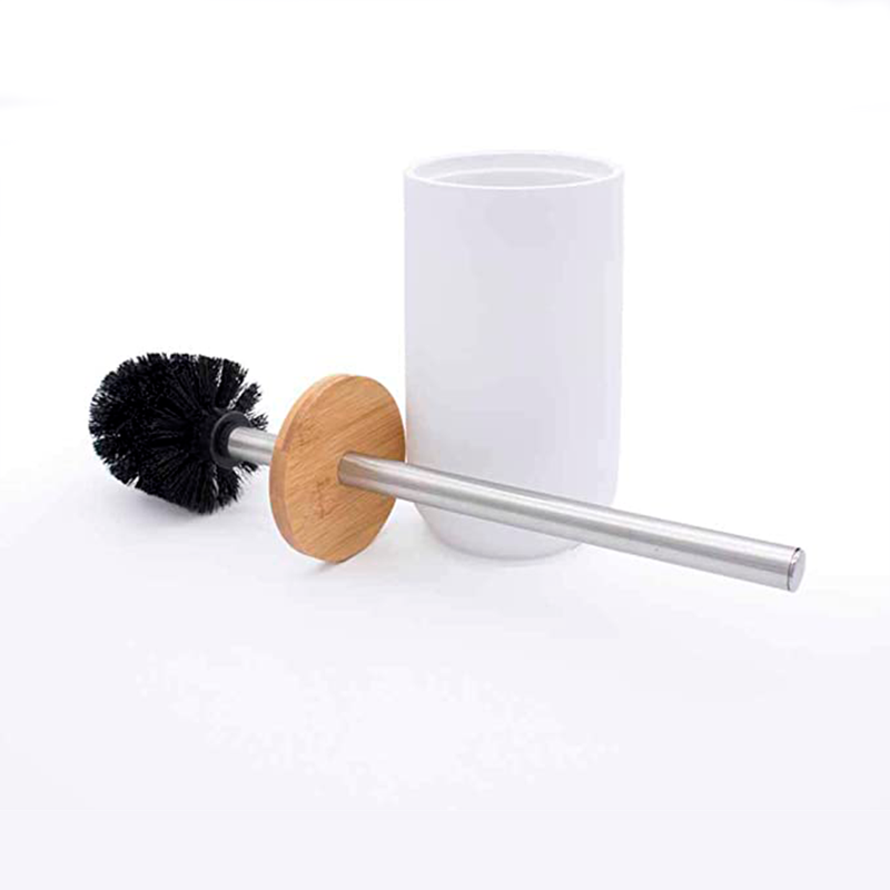 Bella Toilet Brush Holder - Free Standing - 8" Resin/Bamboo/White Matte