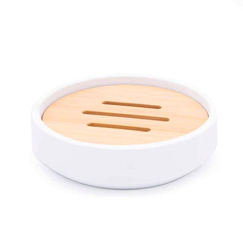 Bella Soap Dish - Free Standing - 2" Resin/Bamboo/White Matte