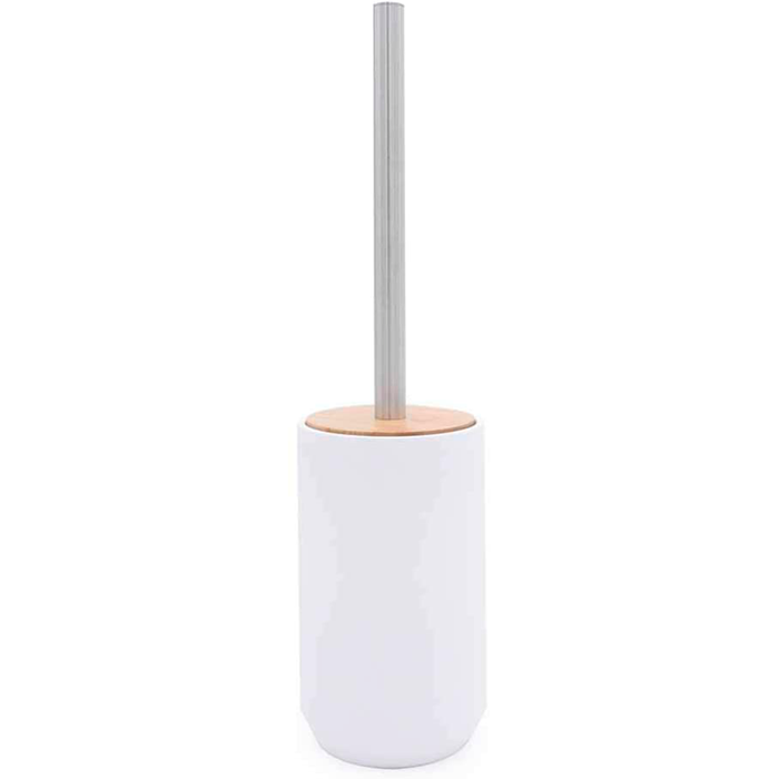 Bella Toilet Brush Holder - Free Standing - 8" Resin/Bamboo/White Matte