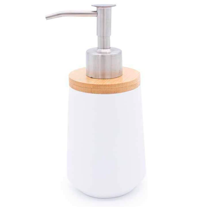 Bella Soap Dispenser - Free Standing - 7" Resin/Bamboo/White Matte
