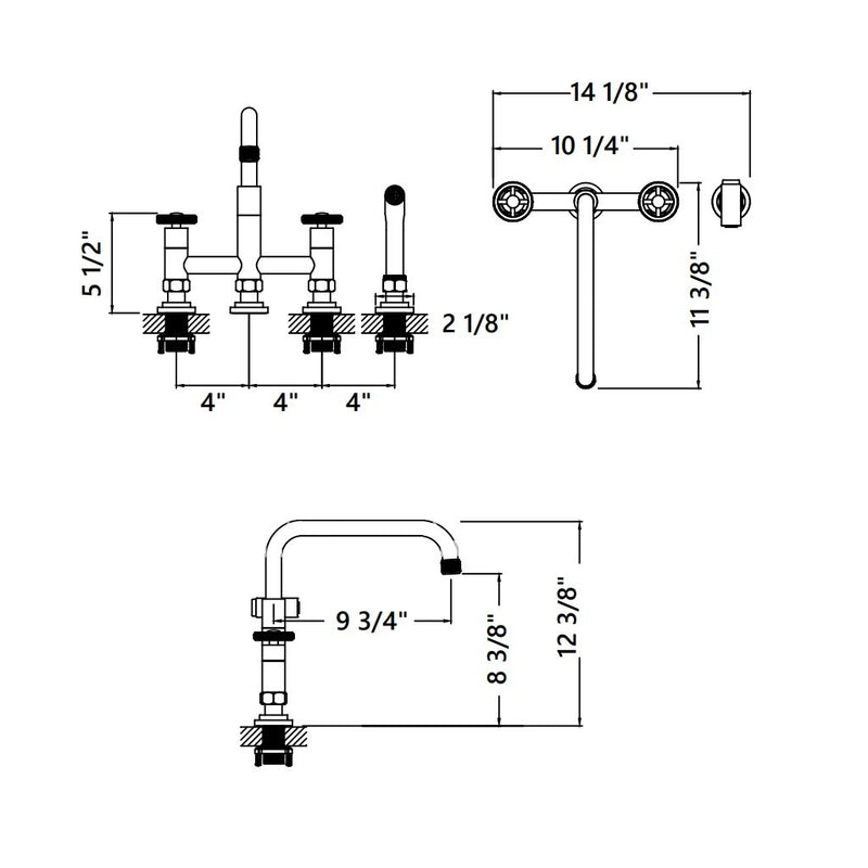 Knurled Bridge Kitchen Faucet - Widespread - 12" Brass/Brushed Nickel