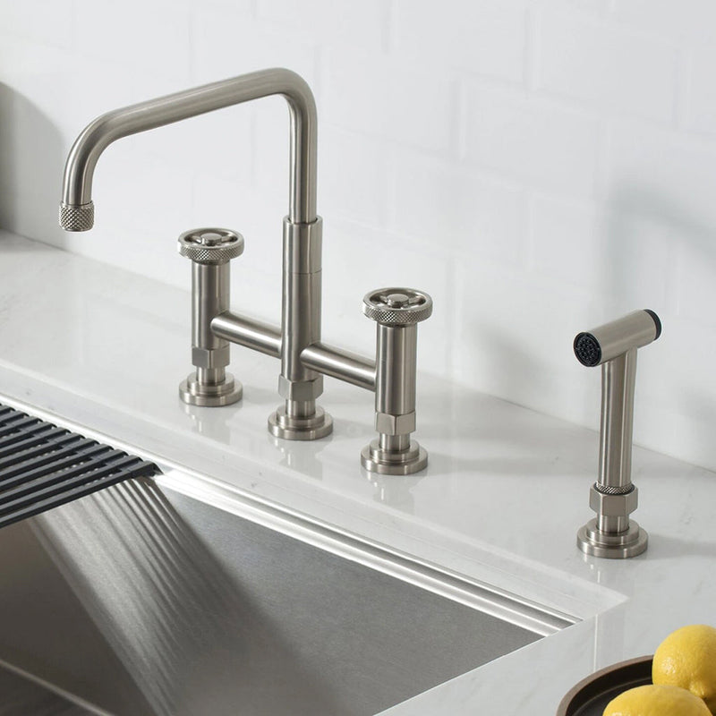Knurled Bridge Kitchen Faucet - Widespread - 12" Brass/Satin Nickel