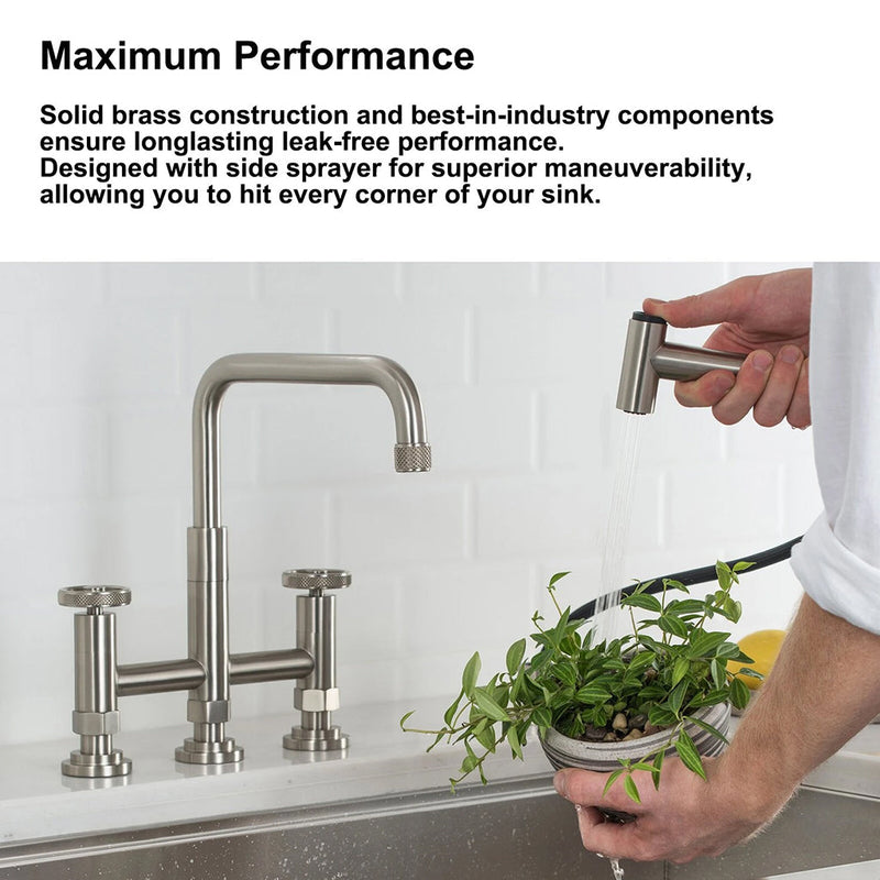 Knurled Bridge Kitchen Faucet - Widespread - 12" Brass/Satin Nickel