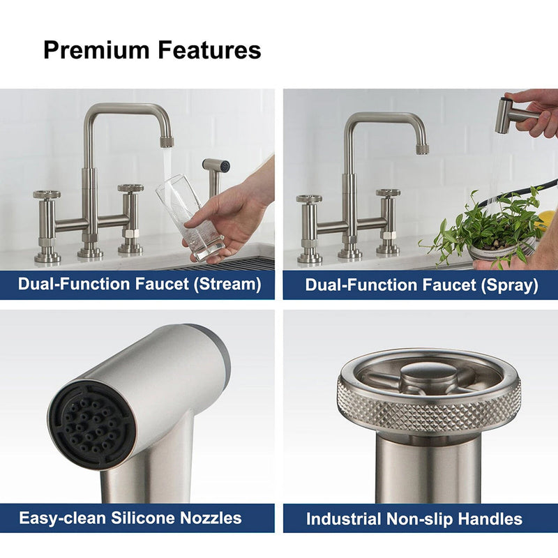 Knurled Bridge Kitchen Faucet - Widespread - 12" Brass/Satin Nickel