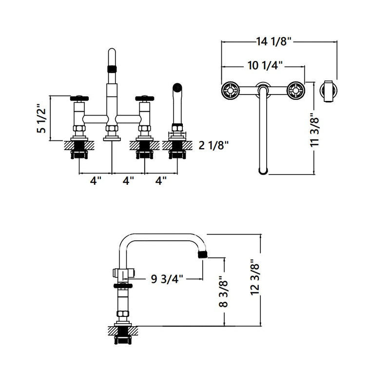 Knurled Bridge Kitchen Faucet - Widespread - 12" Brass/Satin Nickel
