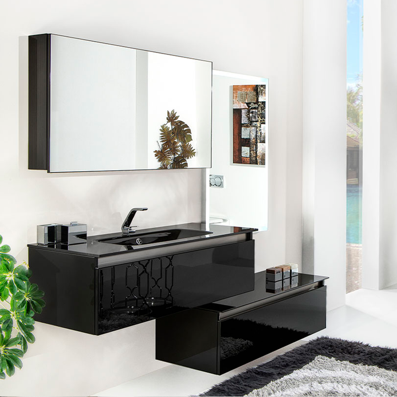 Acqua Slim 1 Drawer Bathroom Vanity with Glass Sink - Wall Mount - 36" Glass/Black Glass