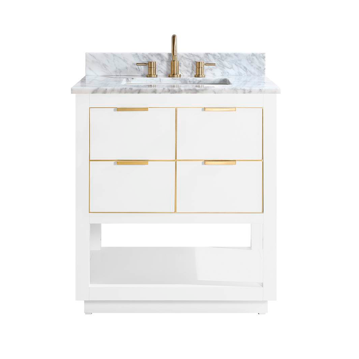 Allie 4 Drawers Bathroom Vanity with Carrara Sink - Floor Mount - 30" Wood/White/Matte Gold