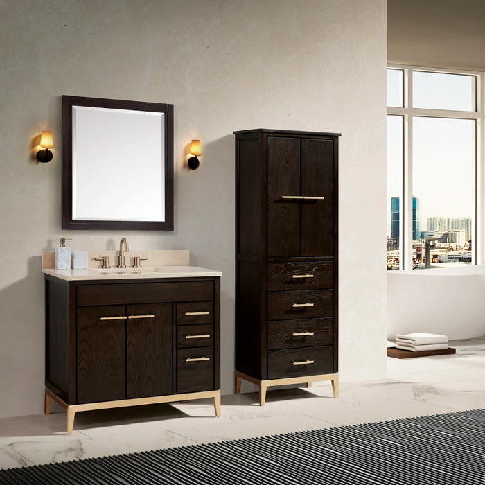 Hepburn 2 Doors and 3 Drawers Bathroom Vanity with Crema Marfil Sink - Floor Mount - 36" Wood/Dark Charcolate