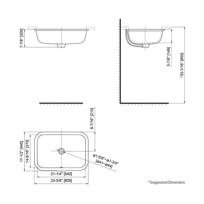 One C Basin Bathroom Sink - Under Mount - 24" Vitreous China/White