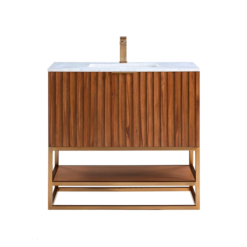 Terra 2 Drawers Bathroom Vanity with Carrara Marble Sink - Floor Mount - 36" Wood/Walnut/Satin Brass