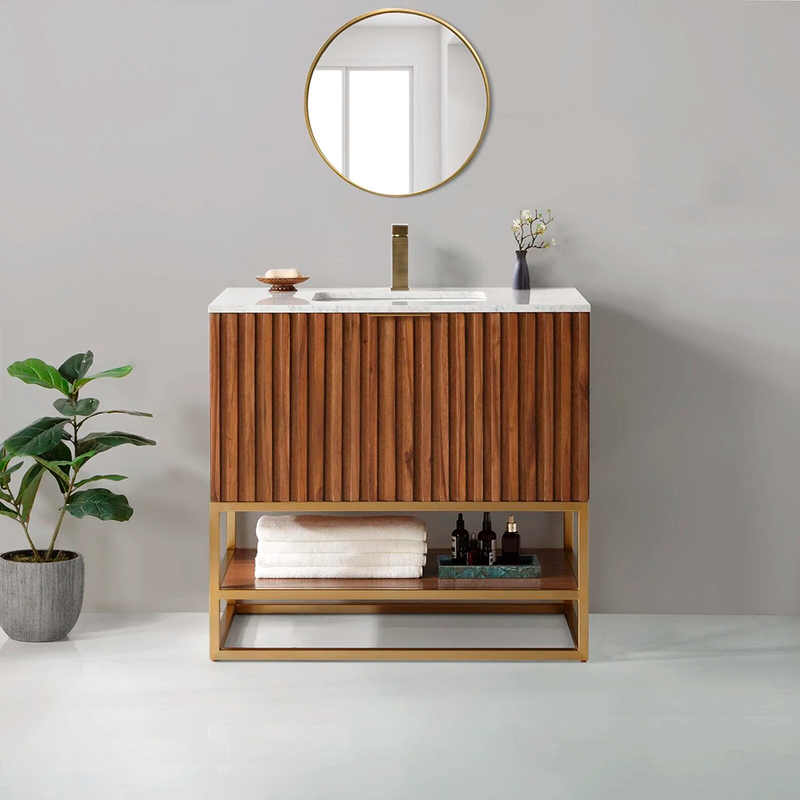 Terra 2 Drawers Bathroom Vanity with Carrara Marble Sink - Floor Mount - 36" Wood/Walnut/Satin Brass