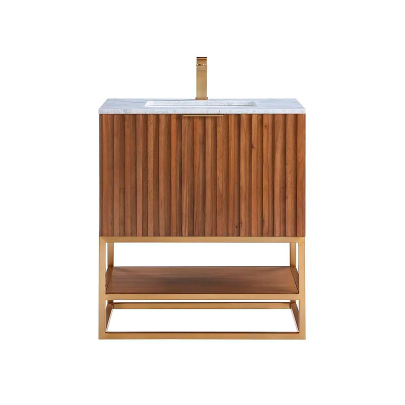 Terra 2 Drawers Bathroom Vanity with Carrara Marble Sink - Floor Mount - 30" Wood/Walnut/Satin Brass