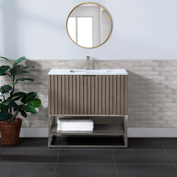Terra 2 Drawers Bathroom Vanity with Carrara Marble Sink - Floor Mount - 36" Wood/Greywash/Brushed Nickel