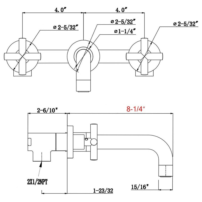 Smart Cross Widespread Bathroom Faucet - Wall Mount - 8" Brass/Satin Brass