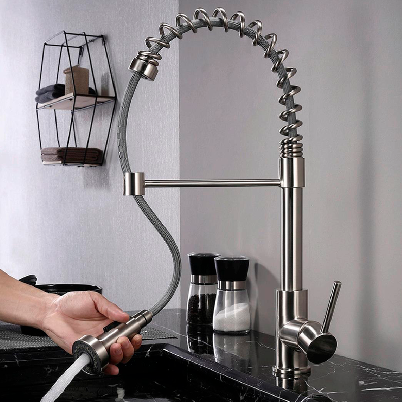 Quality Pull Out Kitchen Faucet - Single Hole - 17" Brass/Brushed Nickel (Final Sale)