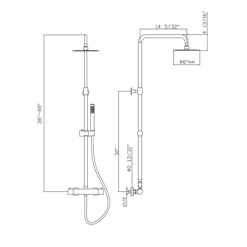 Metro Thermostatic Shower Column - Wall Mount - 8" Brass/Matt Black